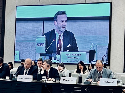 Kyle Parker projected on a large screen addressing OSCE conference with representatives from the Russian Federation, Romania, and Portugal in the front row