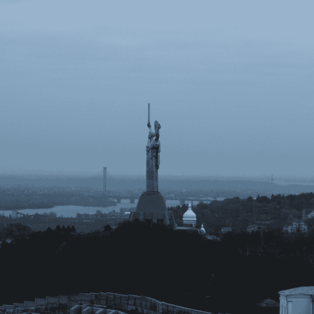 Mother Ukraine monument in Kyiv shrouded in fog