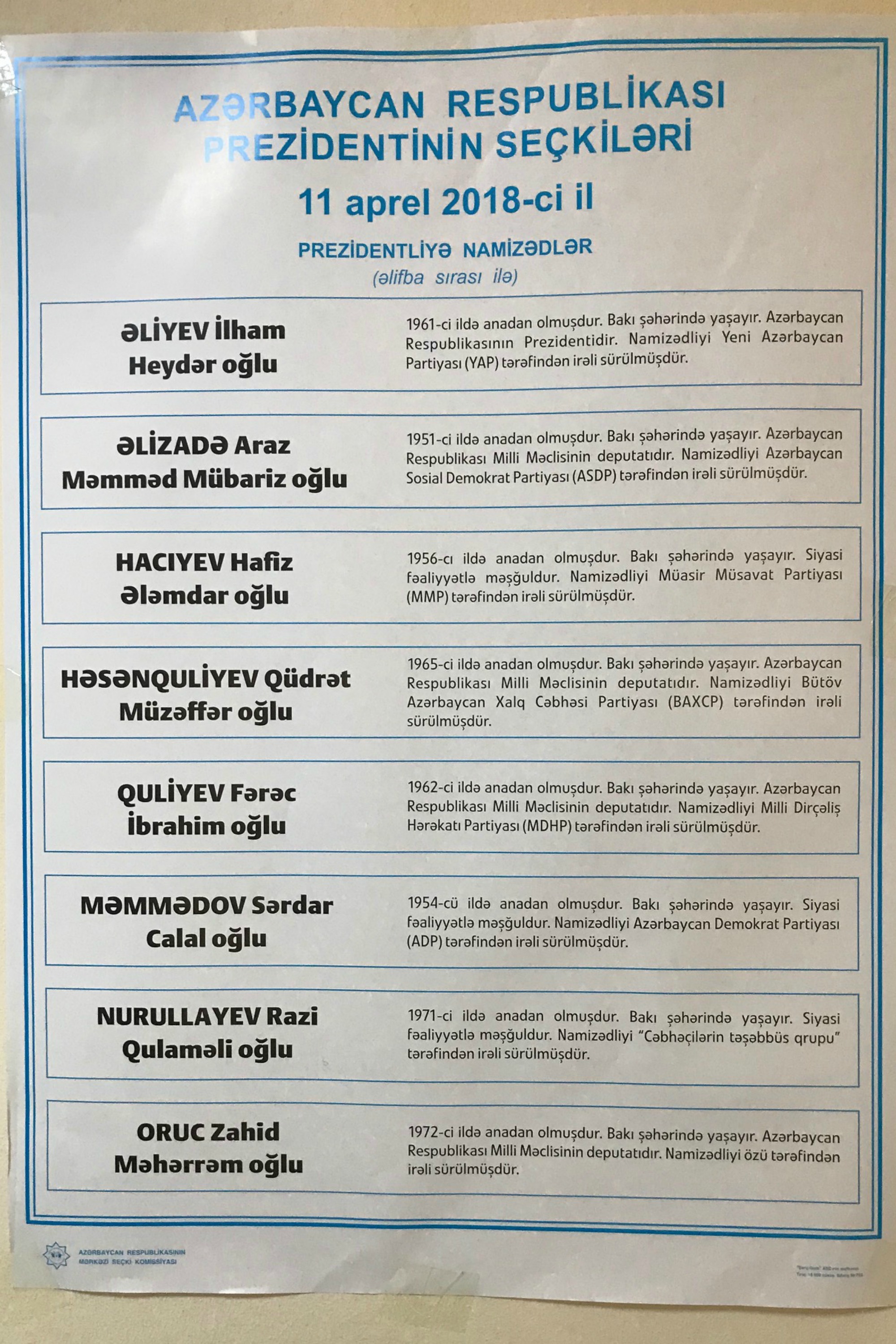 Candidates for President of Azerbaijan | April 2018