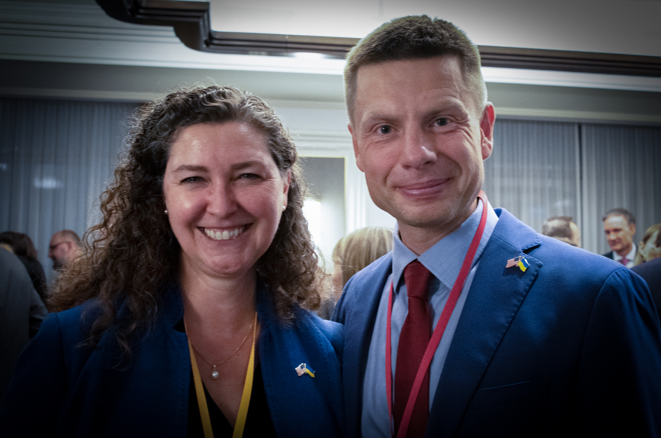 U.S. Helsinki Commission Representative to the U.S. Mission to the Organization for Security and Cooperation in Europe Shannon Simrell poses next to Ukrainian Parliamentarian Oleksii Goncharenko at an event hosted by the U.S. delegation at the Warsaw Human Dimension Conference, Sept. 28, 2022. Photo by Mahvish S. Khan